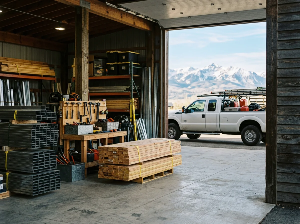 Construction site with steel framing, tools, and materials ready for building projects in the Pagosa Springs area.