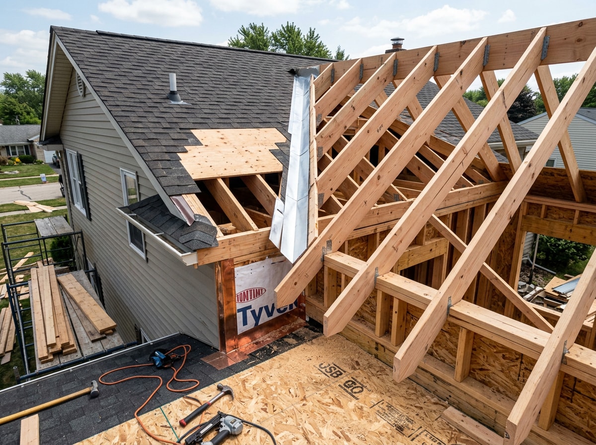 Framed structural tie-in where a new room addition connects to an existing home's roofline