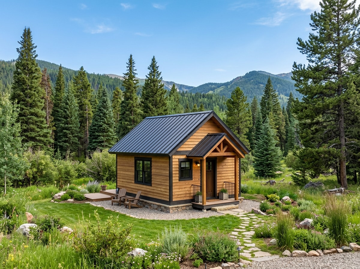Finished detached backyard ADU cottage with metal roof set against pine trees in a Colorado mountain yard