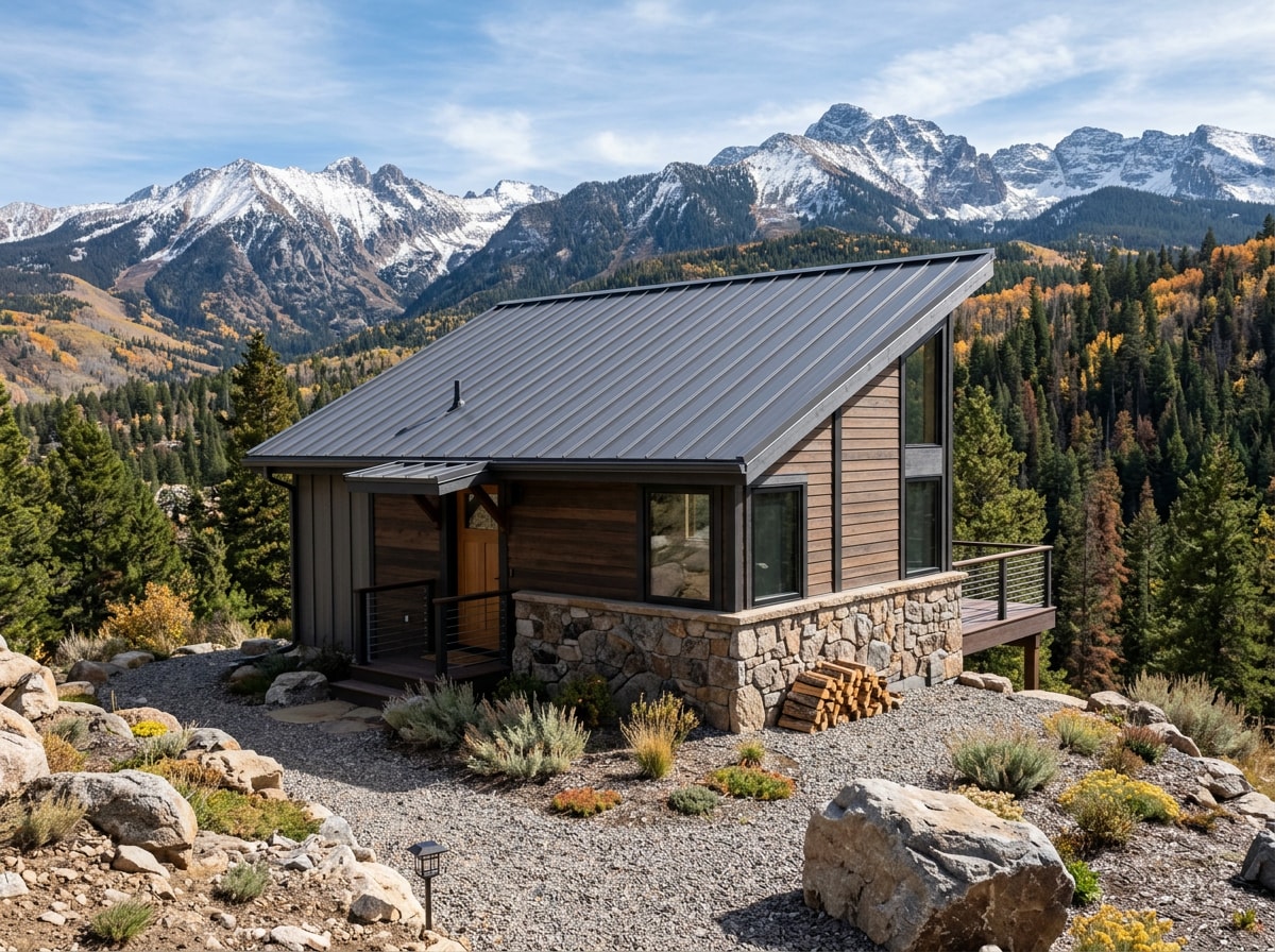 Compact mountain-lot ADU with snow-rated metal roofing and defensible-space landscaping near Bayfield, Colorado