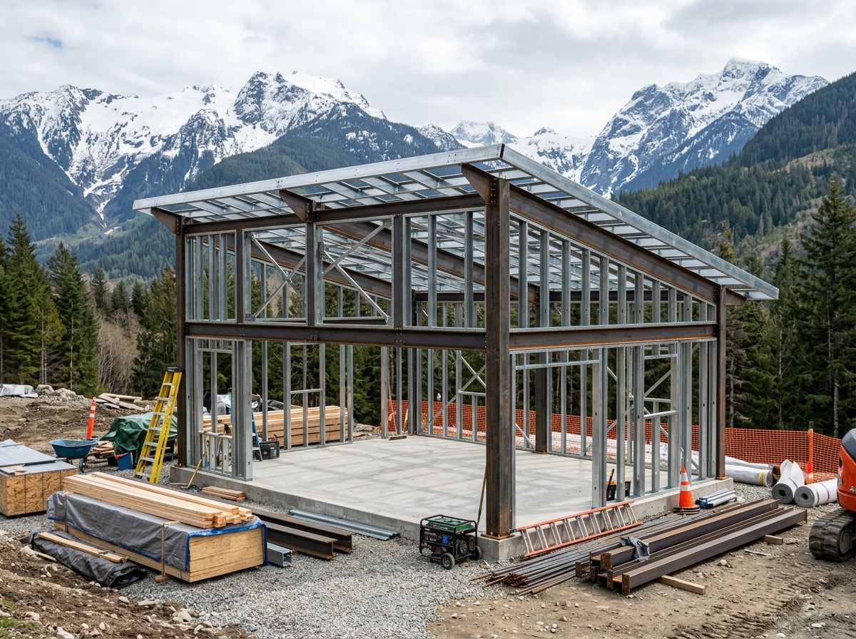 Steel-frame ADU shell on a poured foundation in a mountain setting with snow-capped peaks in the background