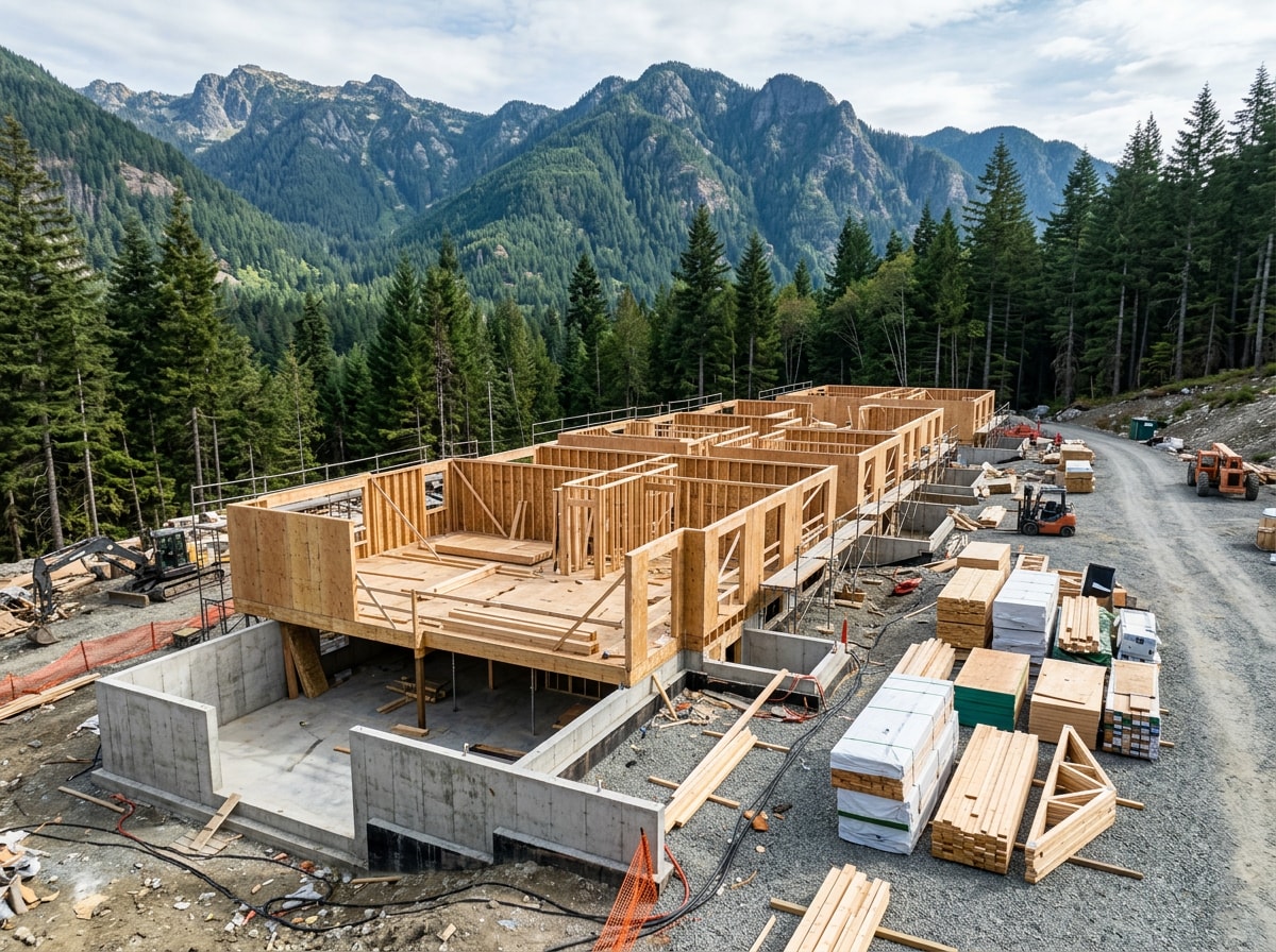 Multifamily apartment building foundation and framing underway at a job site in Archuleta County, Colorado
