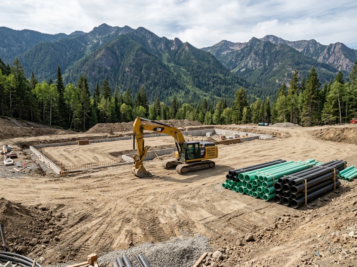 Grading and excavation work in progress for a multifamily site development in a mountain setting