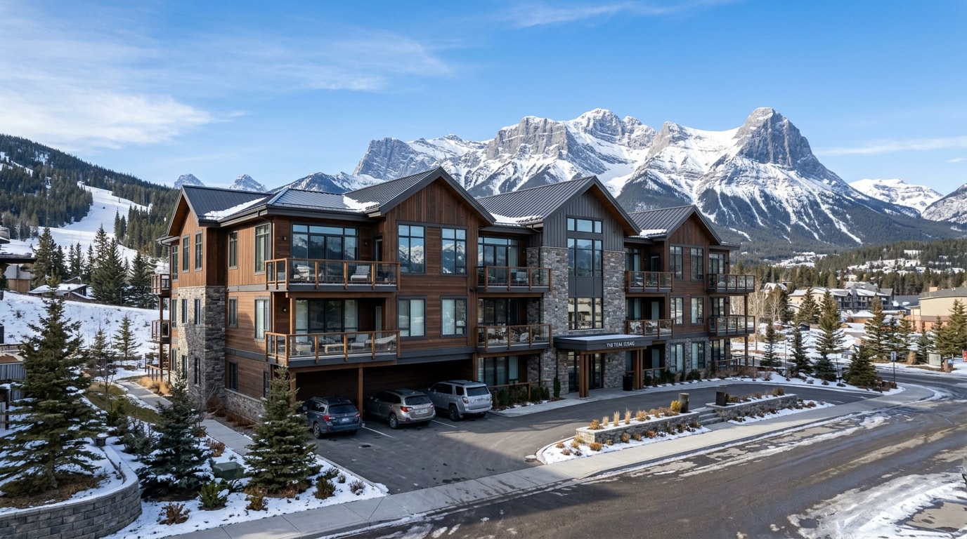 New apartment construction building in a mountain town with snow-capped peaks in the background