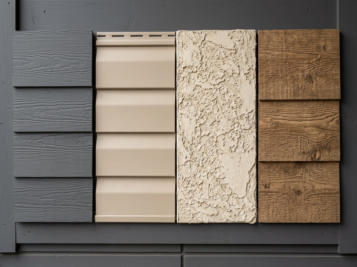 Side-by-side comparison of fiber cement, vinyl, stucco, and engineered wood cladding samples on a mountain home exterior