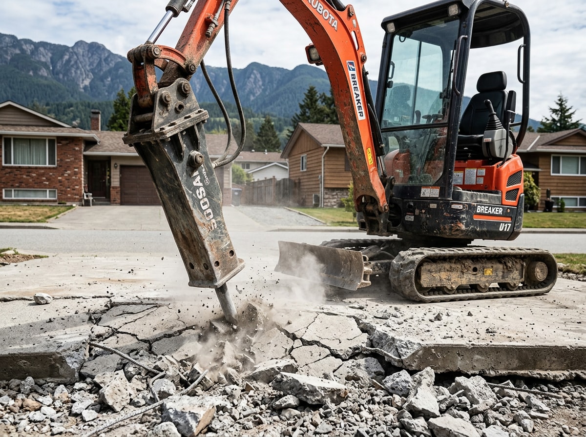 Excavator with hydraulic breaker attachment demolishing a concrete driveway slab