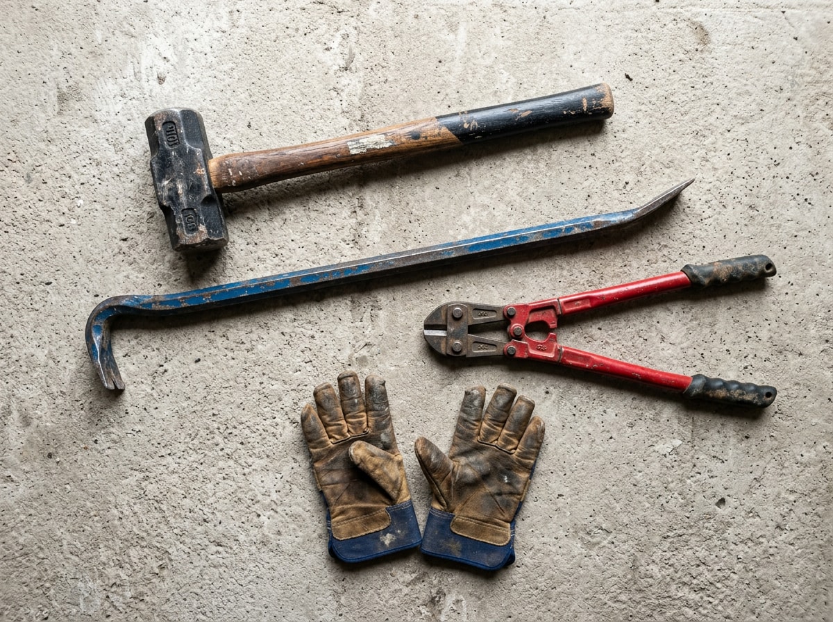 Sledgehammer, pry bar, and bolt cutters laid out for DIY concrete demolition