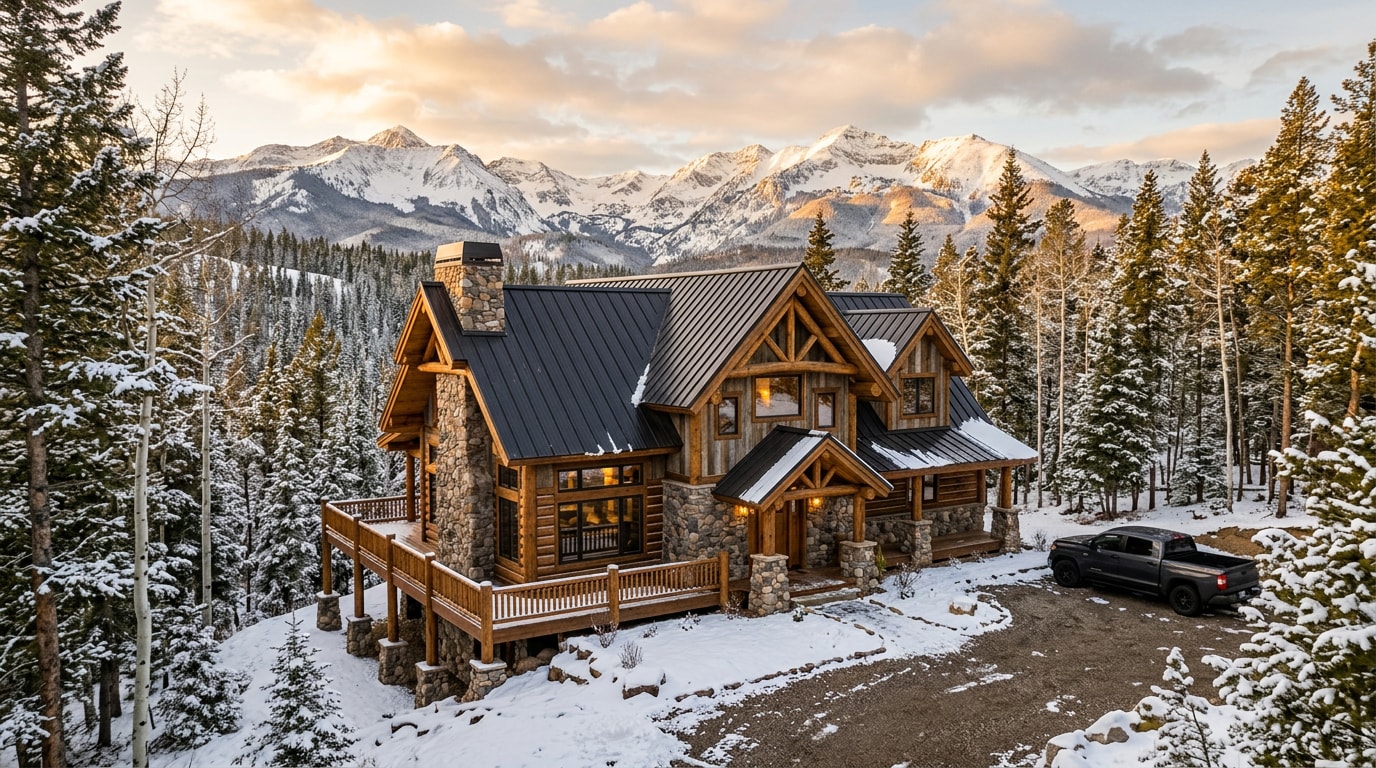 Custom home builder South Fork, CO finished mountain home exterior with steep snow-rated roof Custom home builder South Fork, CO finished mountain home exterior with steep snow-rated roof