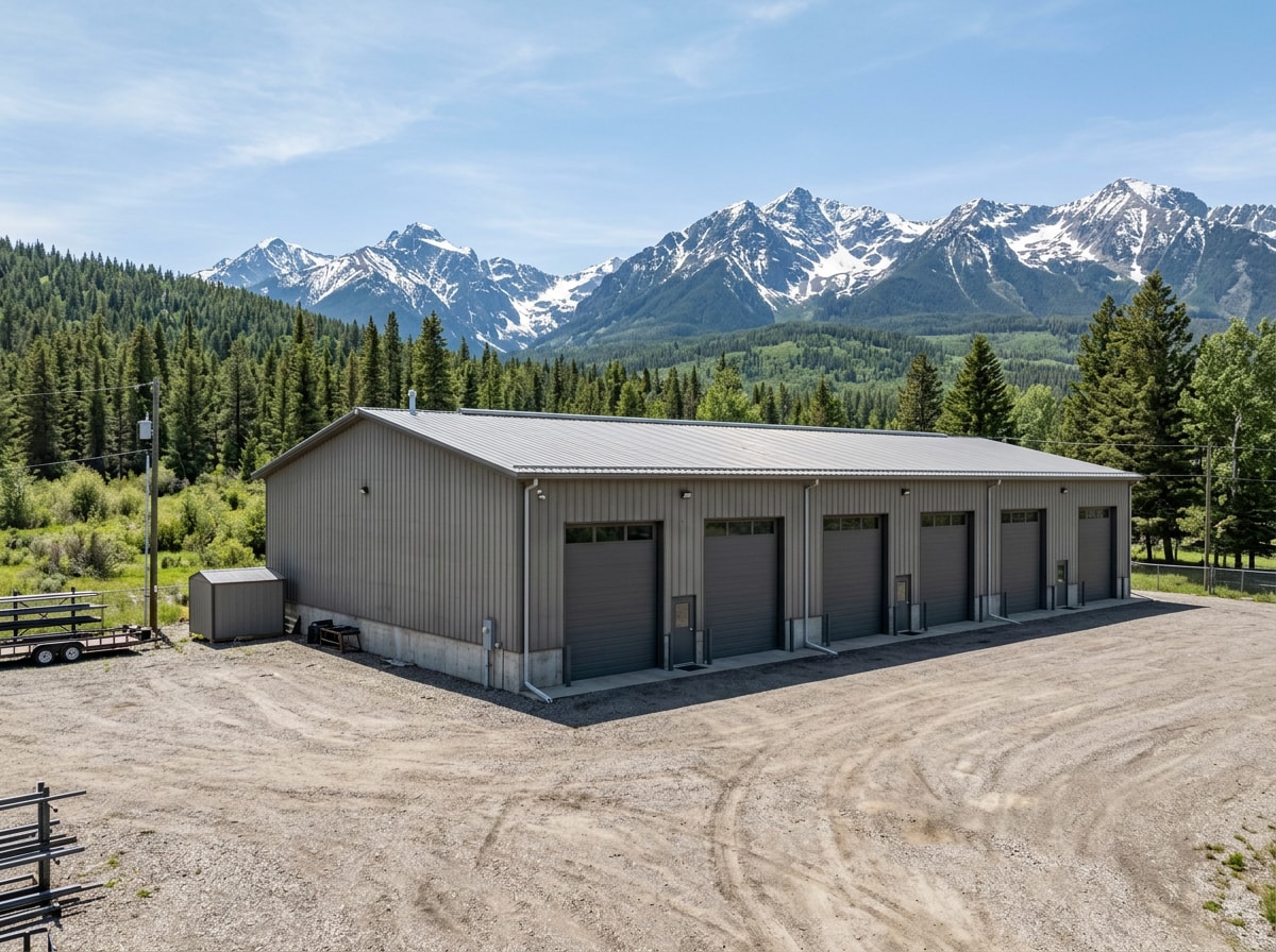 Multi-bay steel garage and workshop building exterior with mountain backdrop