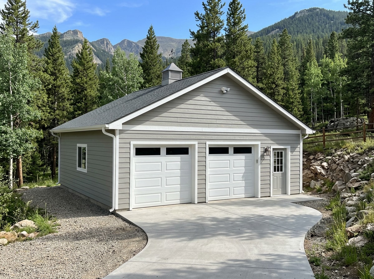 Completed two-car post-frame garage installation in Bayfield, Colorado