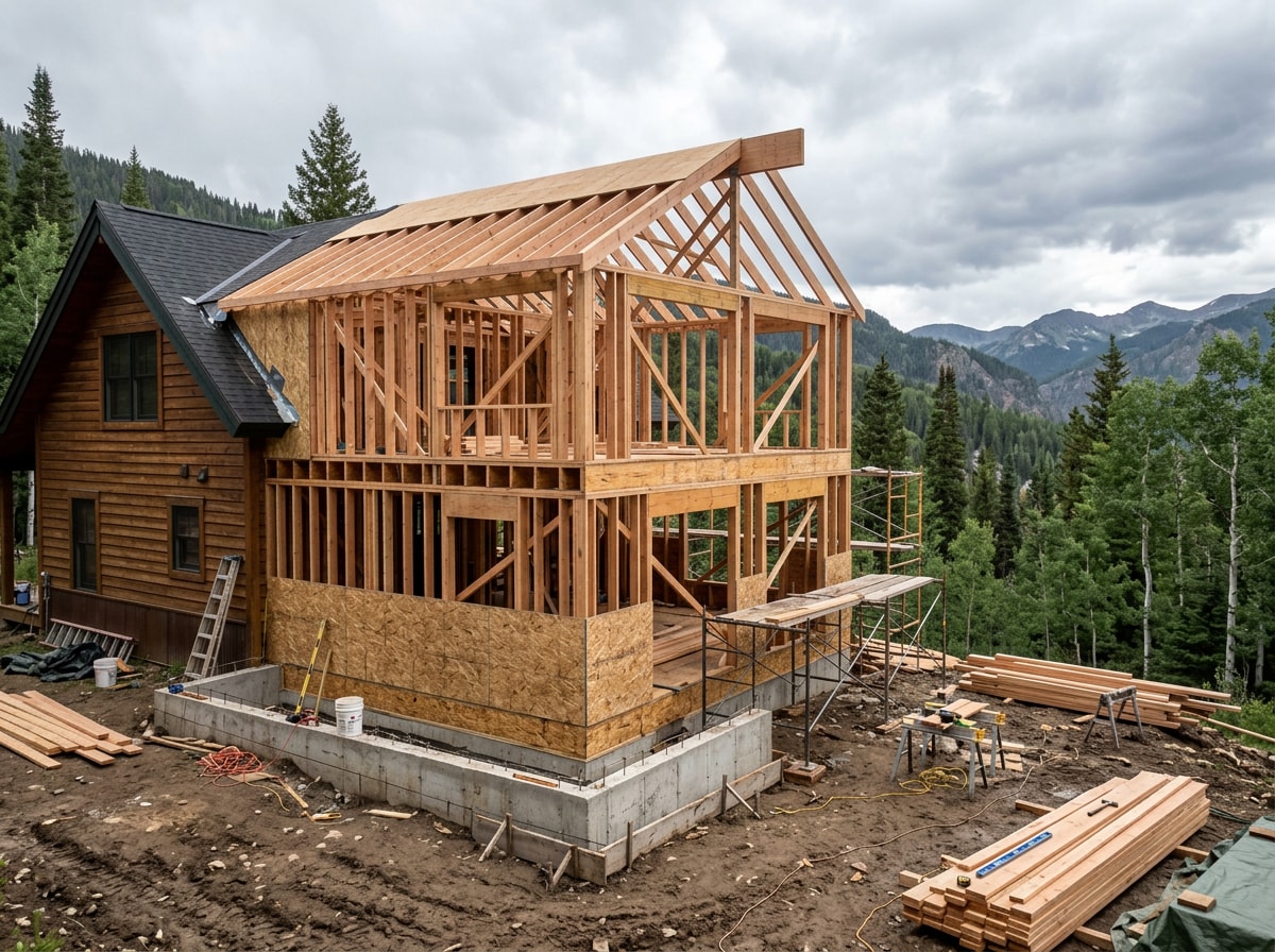 Framing in progress on a home addition foundation in Bayfield, Colorado