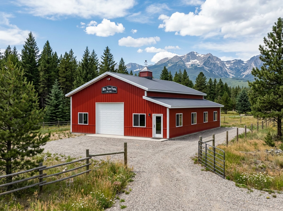 Completed metal barn with a mountain backdrop near Pagosa Springs, Colorado