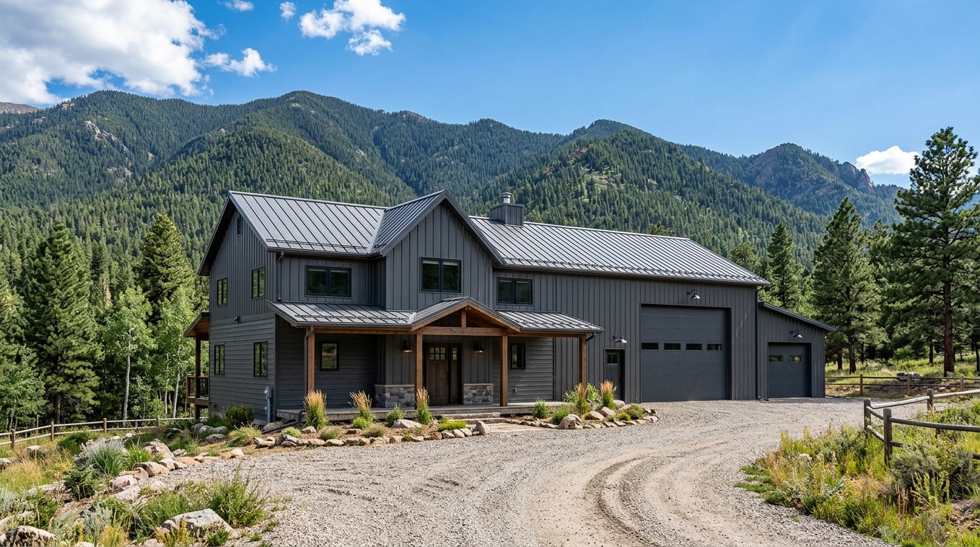 Finished metal barndominium with mountain backdrop in Pagosa Springs, Colorado Finished metal barndominium with mountain backdrop in Pagosa Springs, Colorado