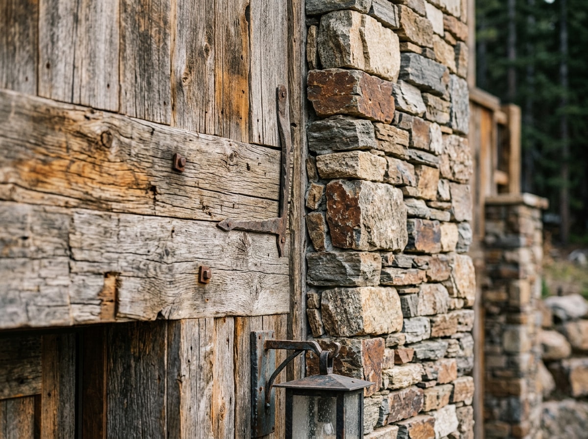 Close-up of reclaimed timber and native stone exterior finishes on a mountain home addition