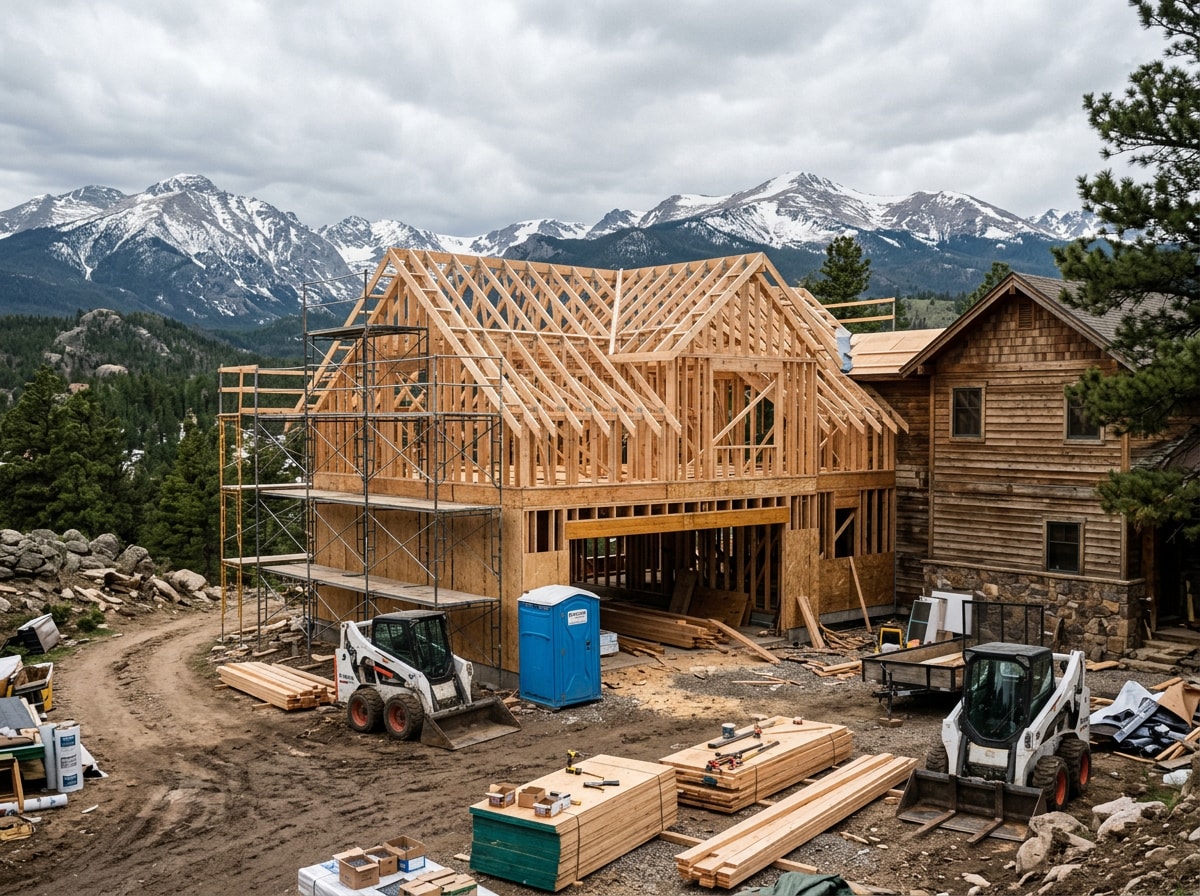 Jobsite view of a mountain-view luxury home addition under construction near Bayfield, Colorado