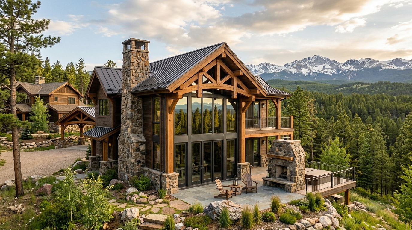 Luxury home addition with timber and stone exterior on a Bayfield, Colorado mountain property Luxury home addition with timber and stone exterior on a Bayfield, Colorado mountain property