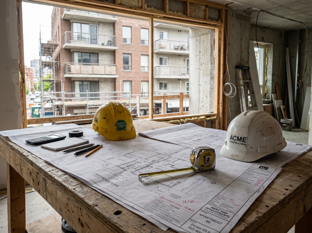 Contractor crew reviewing multi-family renovation plans at a Bayfield apartment building