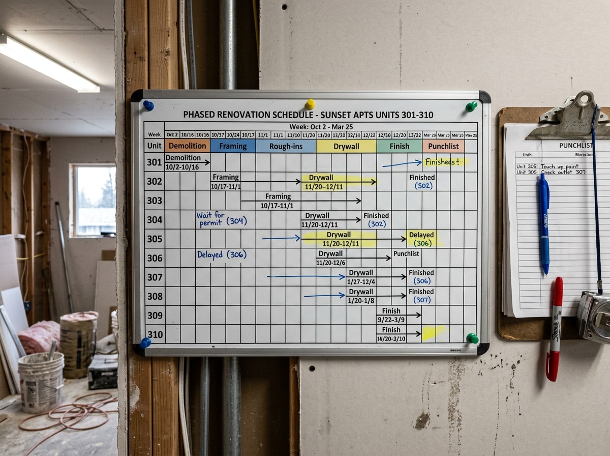 Phased renovation schedule diagram showing occupied unit turnover sequencing