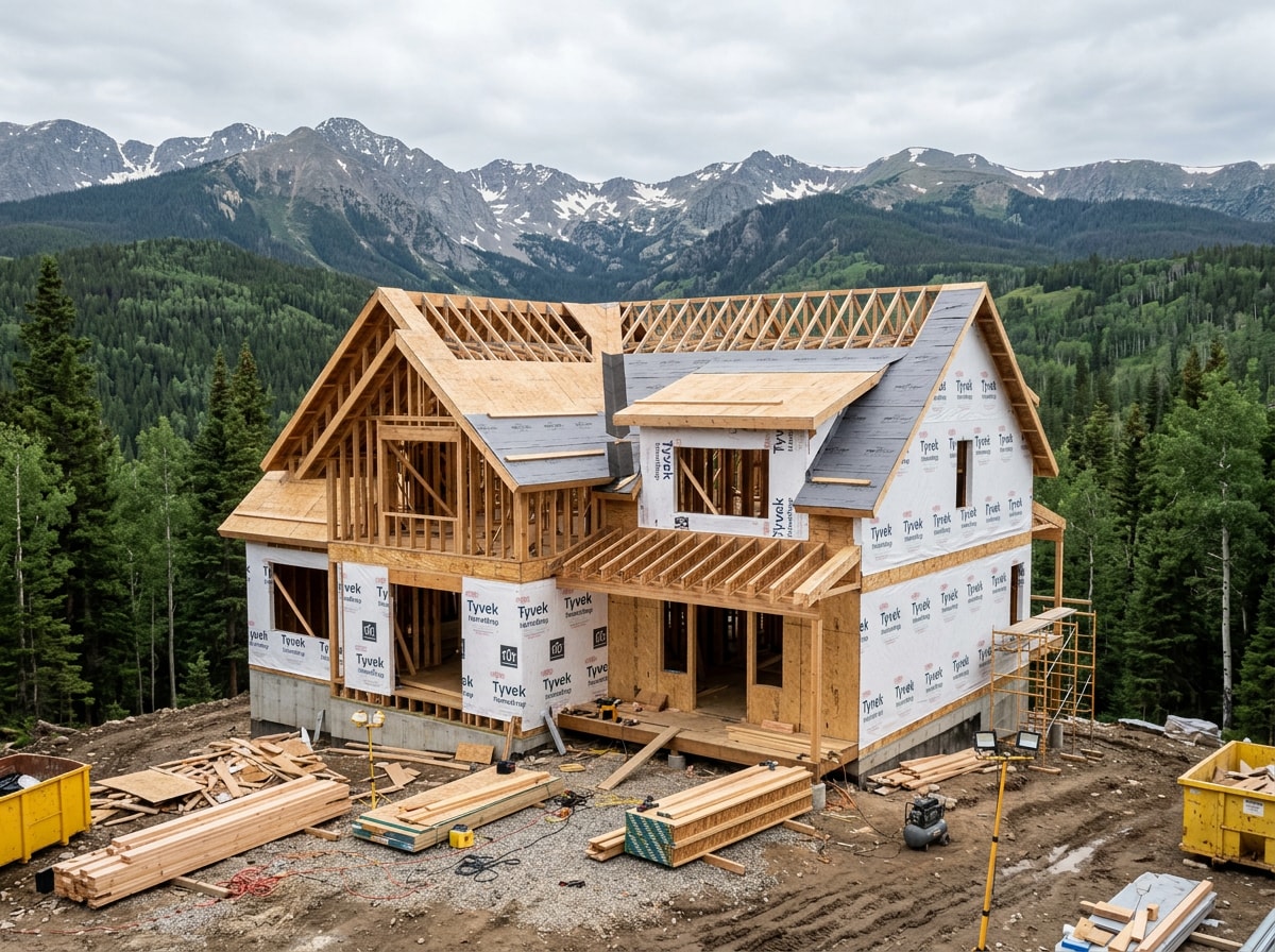 Framed custom home under construction in South Fork, Colorado mountain terrain