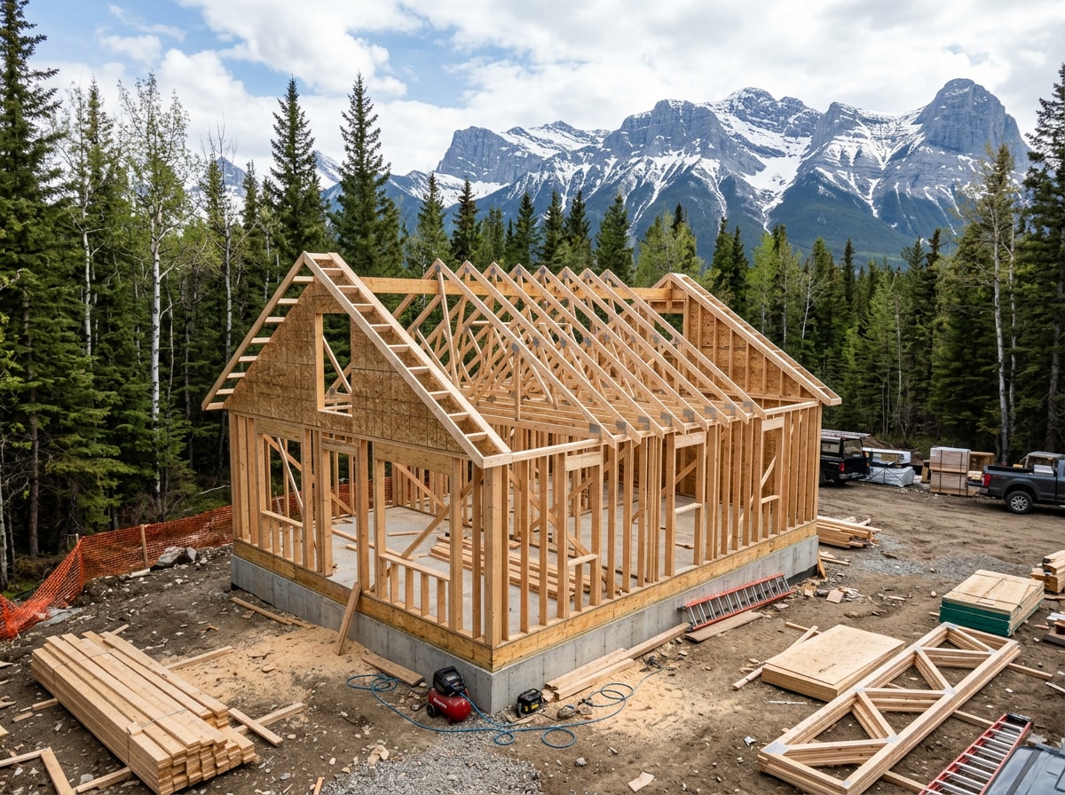 Small custom home under construction on a wooded lot near Bayfield, Colorado