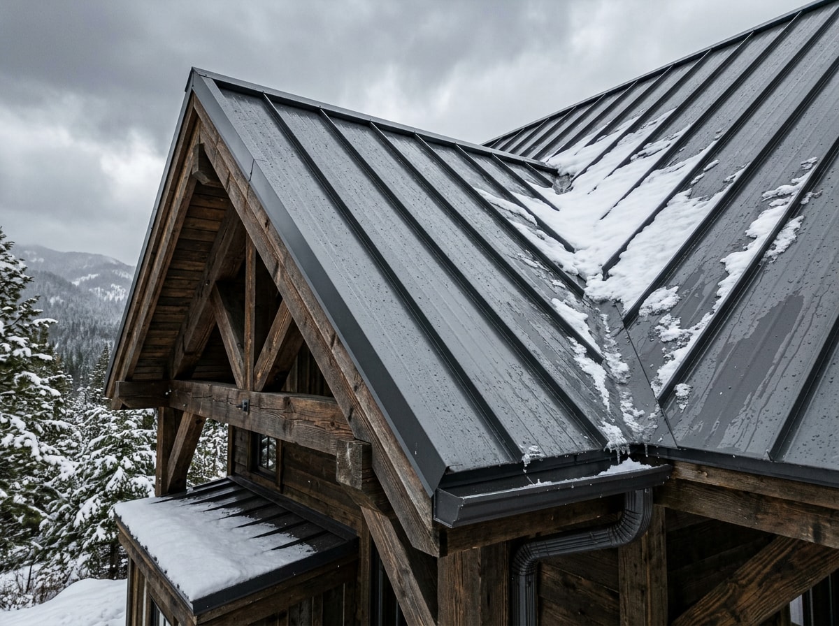 Steep metal roof design engineered to shed heavy snow on a small mountain home