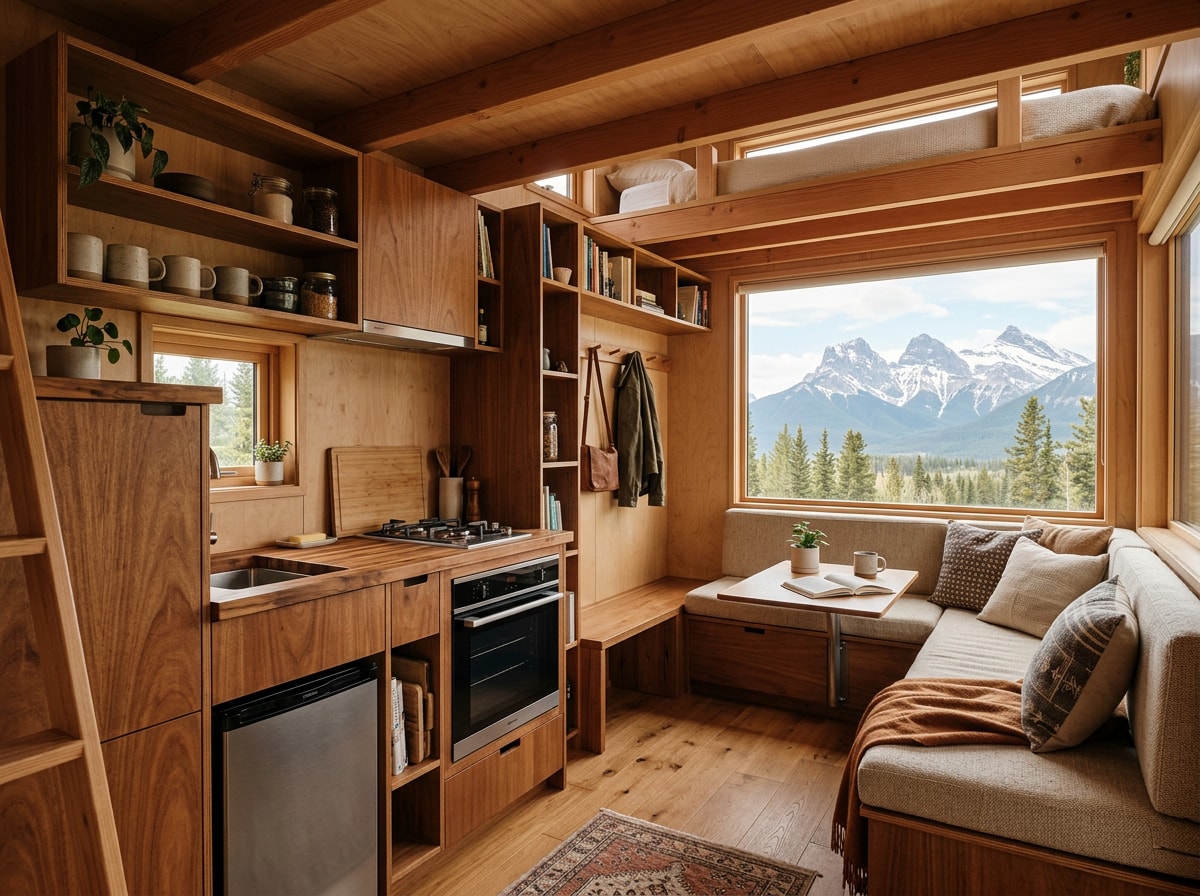 Compact tiny home interior layout example showing efficient use of space
