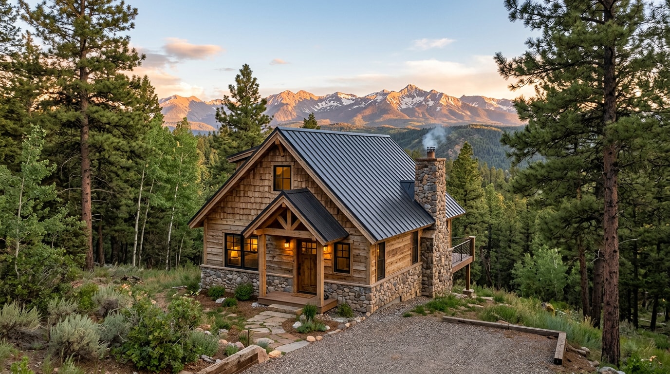 Finished small custom home with steep metal roof in a mountain setting near Bayfield, Colorado