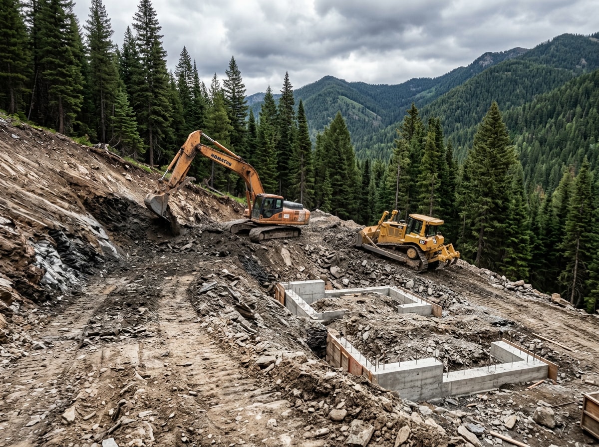 Sloped mountain lot with grading and foundation excavation work underway