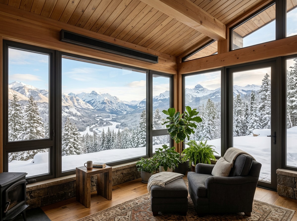 Four-season sunroom addition with insulated glazing attached to a mountain home