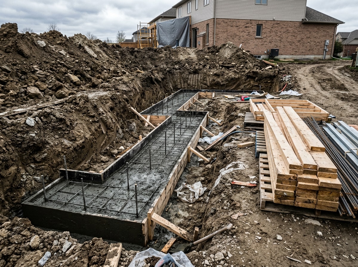 Sunroom foundation footing poured below grade with rebar visible before framing