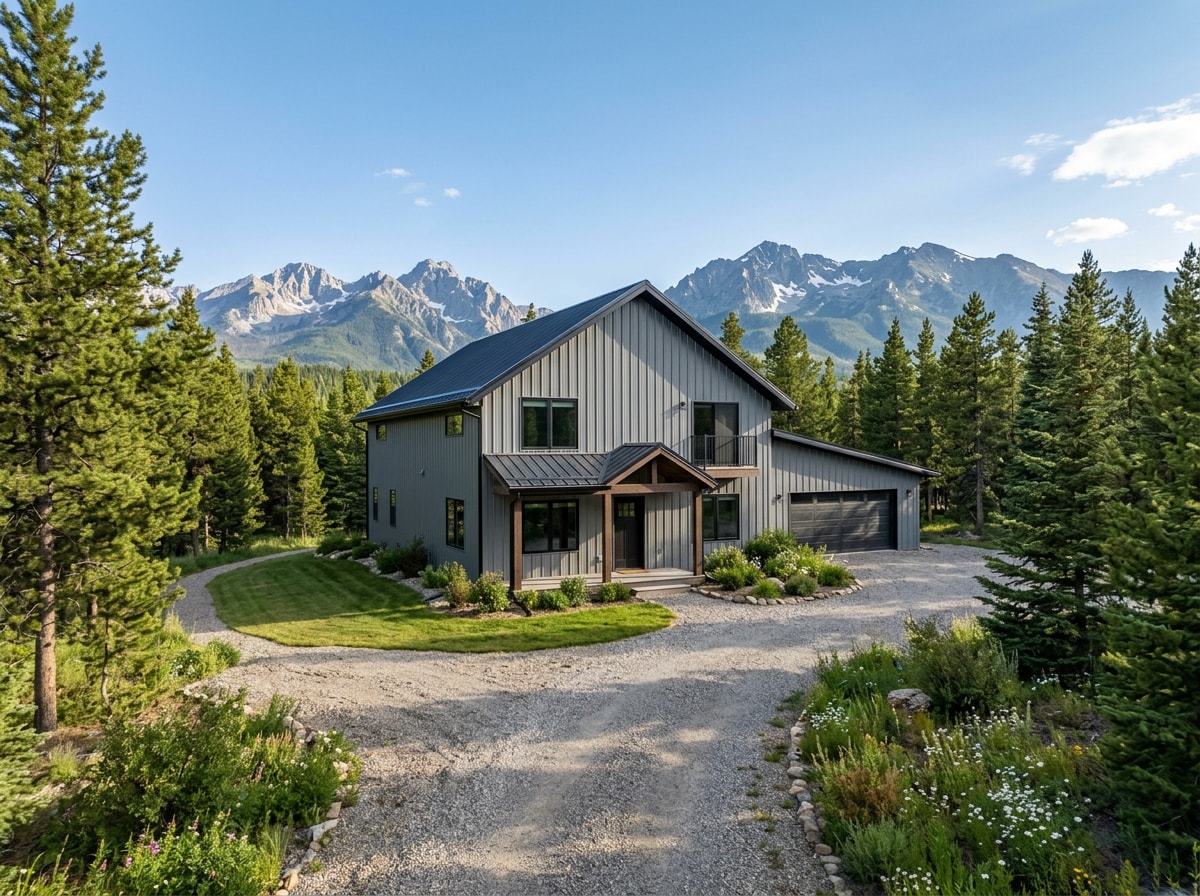 Finished steel barndominium with metal siding and a gravel drive in a Colorado mountain valley