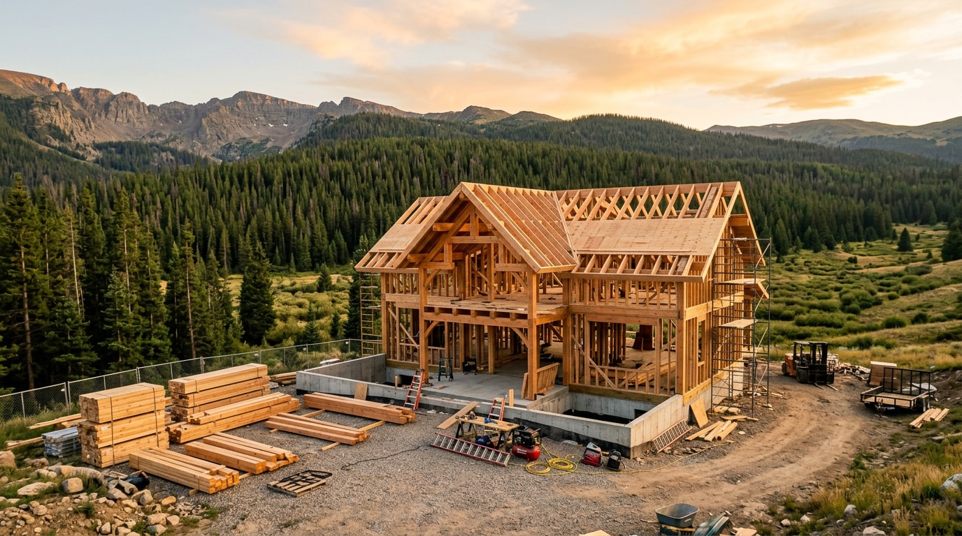 Custom home under construction in a Colorado mountain valley near South Fork