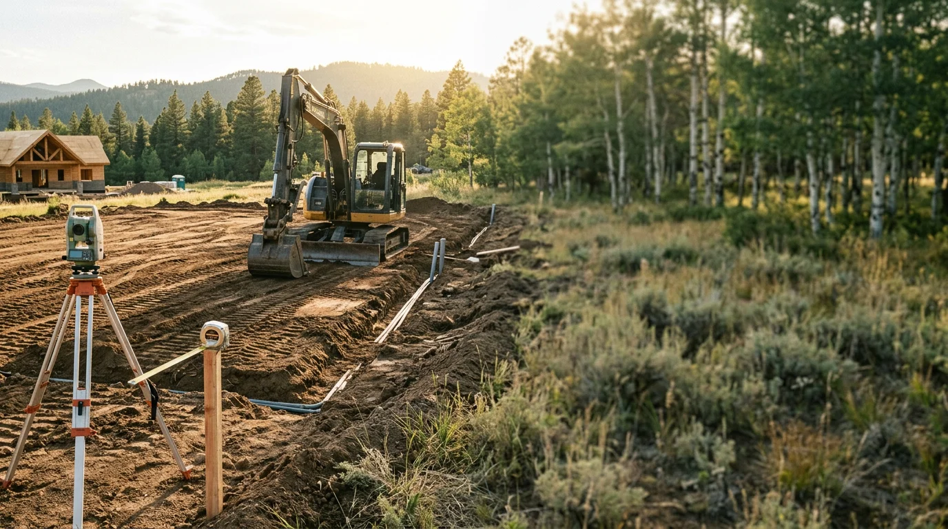 Custom home construction site in Pagosa Springs with foundation and framing work