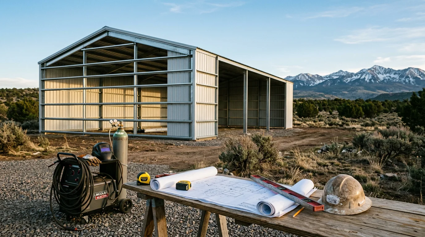 Modern steel building structure in mountain setting near Pagosa Springs