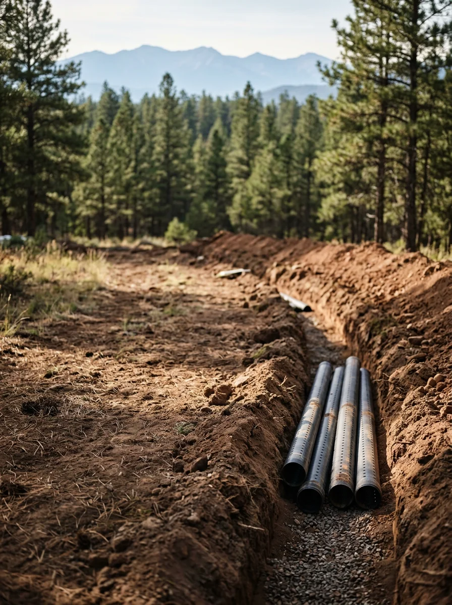 A drain field installation in progress on a Bayfield-area acreage lot, showing excavated trenches in Pine River Valley soil with mountain terrain in the background.