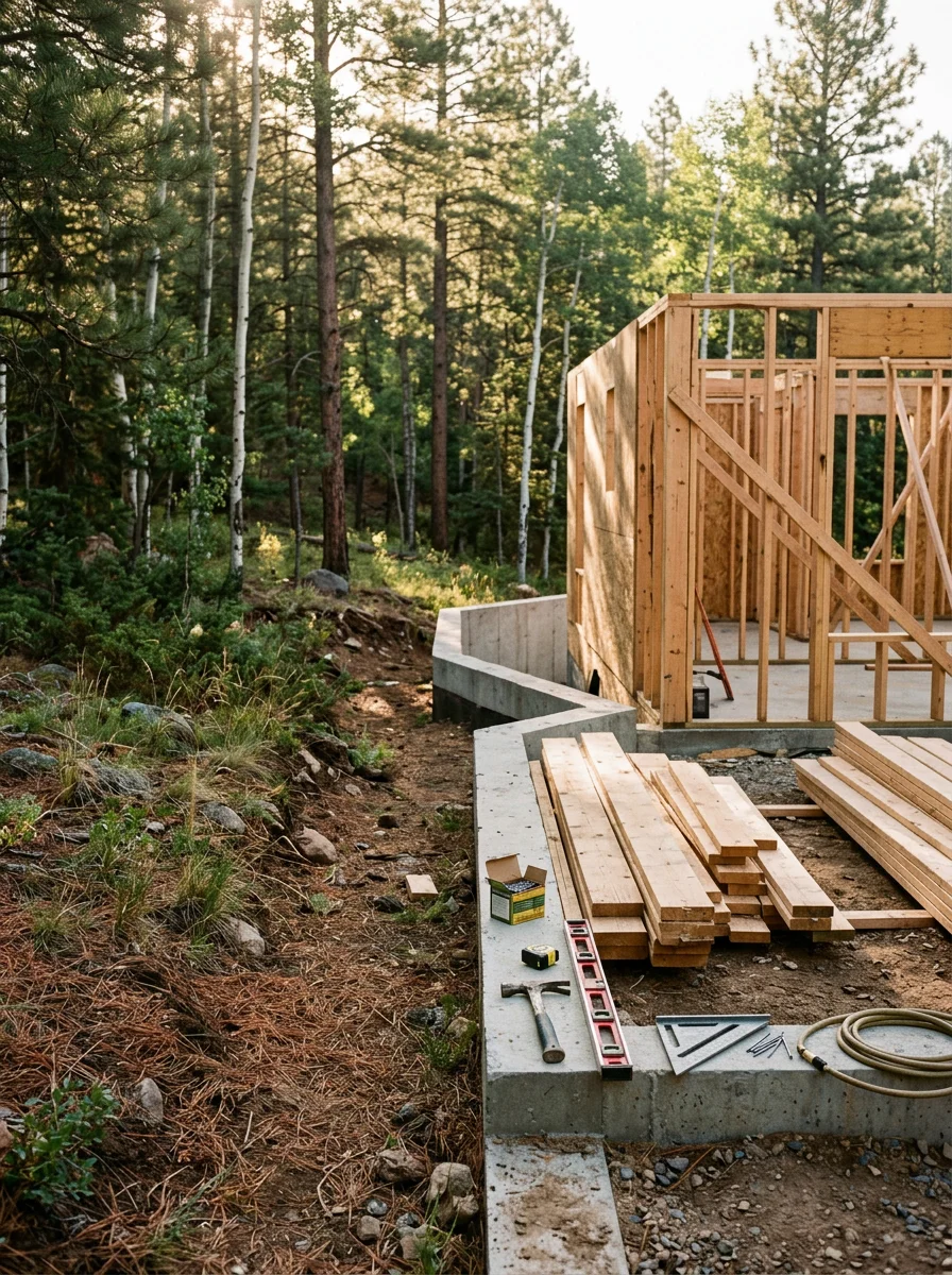A custom home under construction on a sloped Archuleta County lot, showing a poured foundation and framed walls against a backdrop of ponderosa pines.