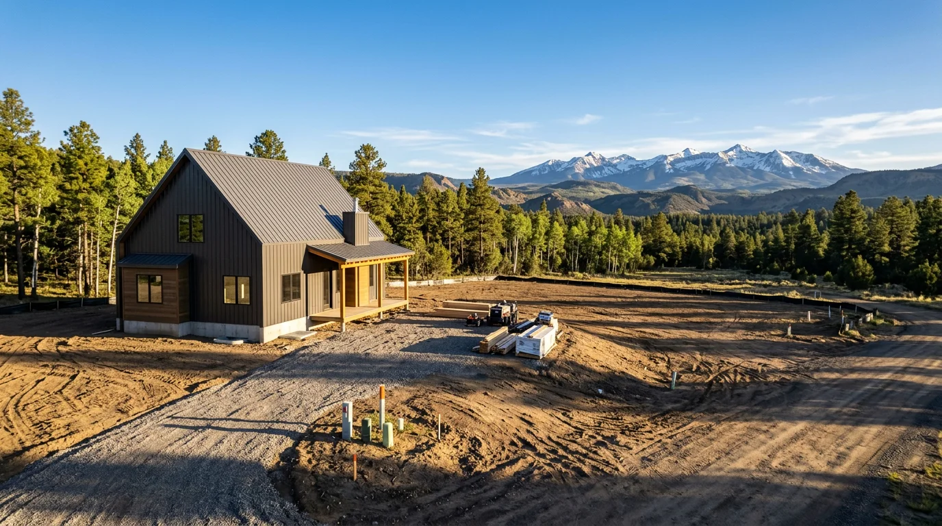 A steel building with a steep 6:12 pitched roof sits on a graded acreage lot in Pagosa Springs, Colorado, with snow-covered San Juan Mountain peaks visible in the background.