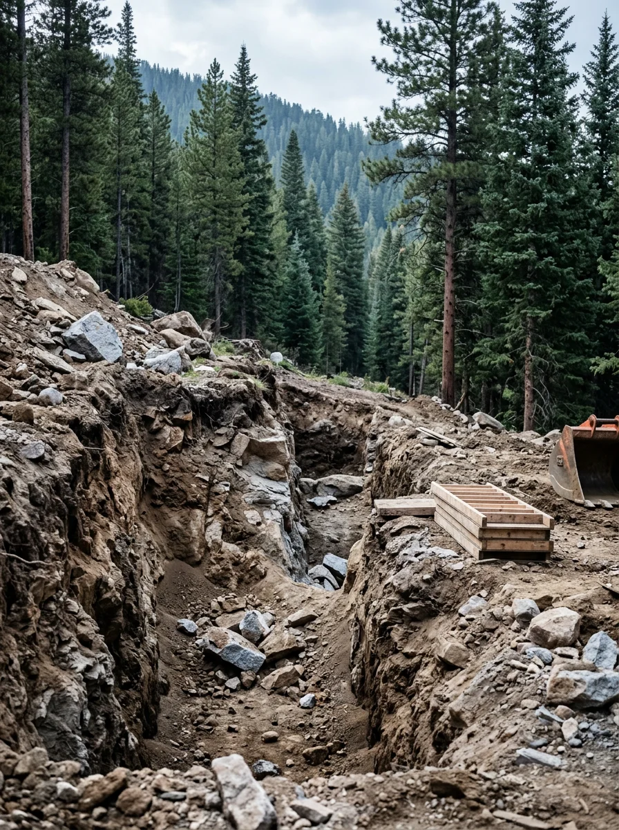 A custom home under construction on a sloped South Fork lot at high elevation, showing deep footing excavation in rocky soil with pine forest in the background.