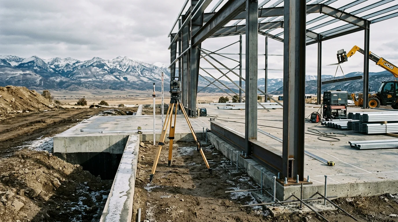 A steel-framed barndominium on a rural acreage parcel near Pagosa Springs, Colorado, with mountain terrain visible in the background. The structure shows a wide-span exterior with a combination of living and functional workspace under a single roofline.