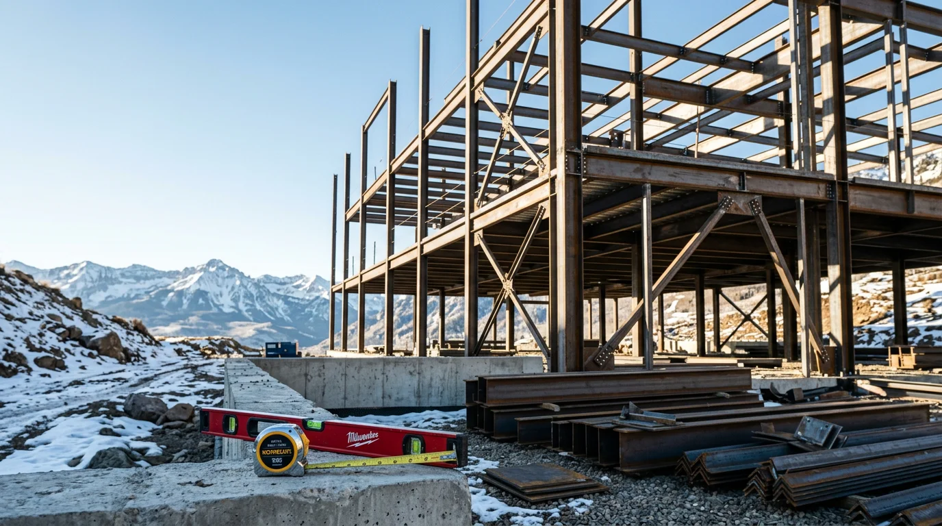 A large commercial steel building with a standing-seam metal roof set against the San Juan Mountains near Pagosa Springs, Colorado. The structure shows wide clear-span doors suited for equipment or warehouse use in a high-elevation southwestern Colorado setting.