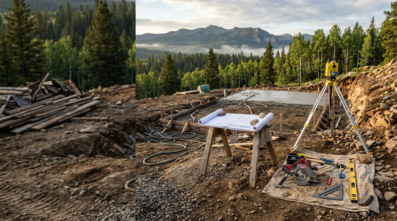 A newly constructed custom home in Pagosa Springs, Colorado, with a pitched roof suited for mountain snow loads, set against the San Juan Mountains. The home sits on a sloped lot typical of Archuleta County residential properties.
