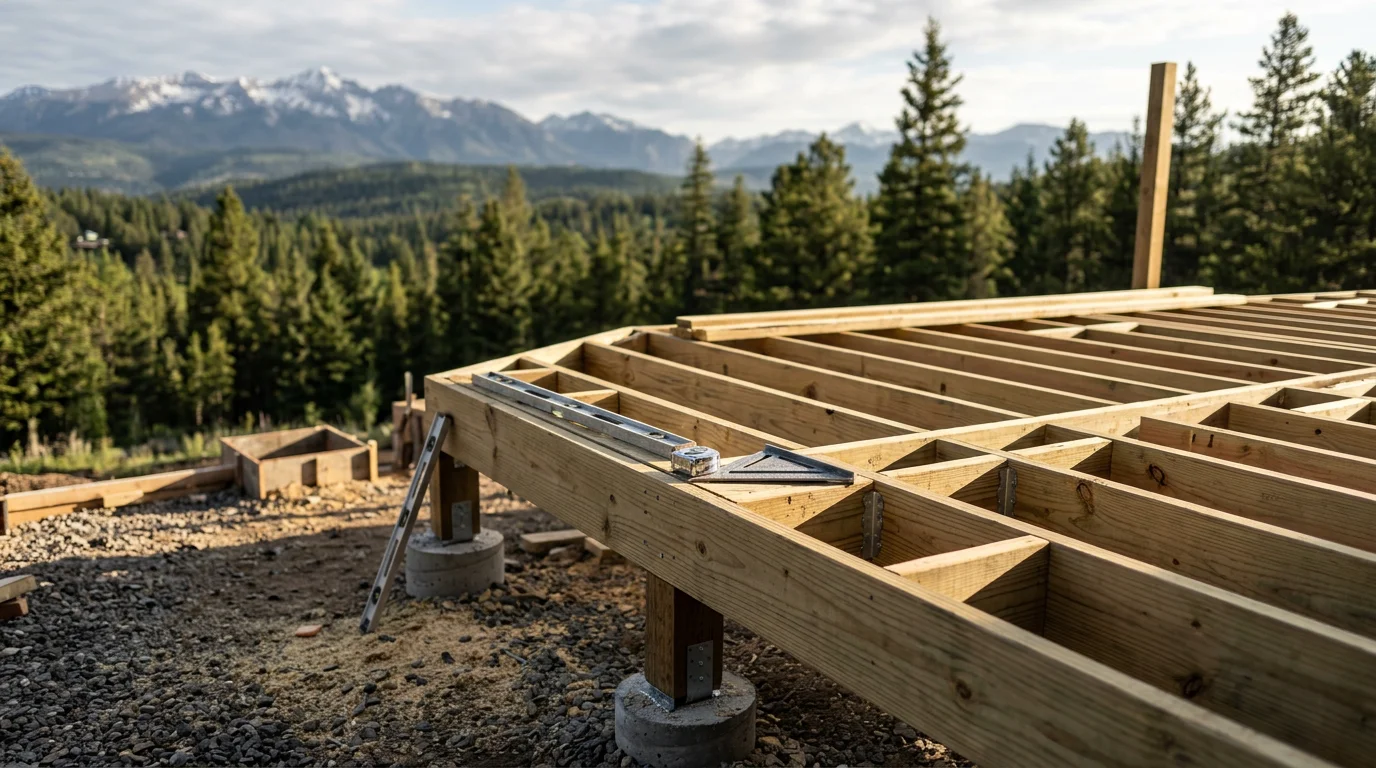 A newly constructed wood deck attached to a mountain home in Pagosa Springs, Colorado, with a multi-level framed structure and open views of the surrounding forested hillside. The deck shows exposed post-and-beam framing built to handle high-elevation snow loads and steep terrain.