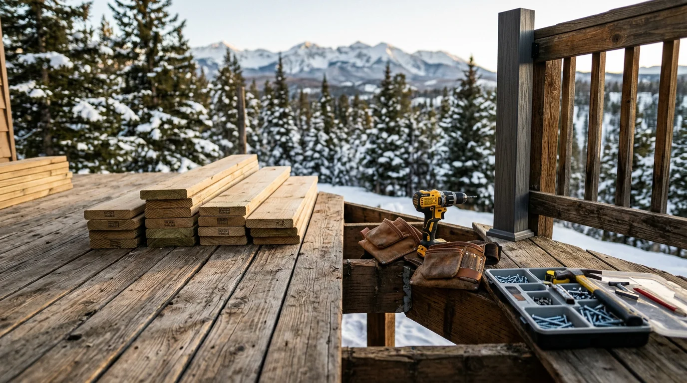 A repaired wood deck on a mountain home in Pagosa Springs, Colorado, with replaced boards and secure railings visible against a backdrop of pine trees. Close-up shows flush fasteners and tight board joints after professional deck repair work.