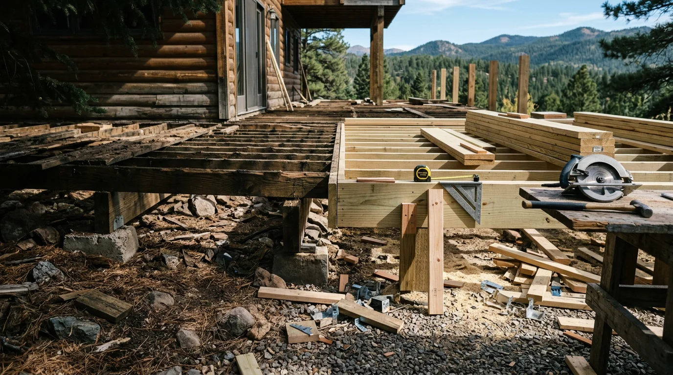 A newly completed deck replacement on a mountain home in Pagosa Springs, Colorado, showing fresh decking boards, new railing, and a forested hillside backdrop. The structure sits elevated above a sloped yard typical of properties in the Pagosa Springs area.