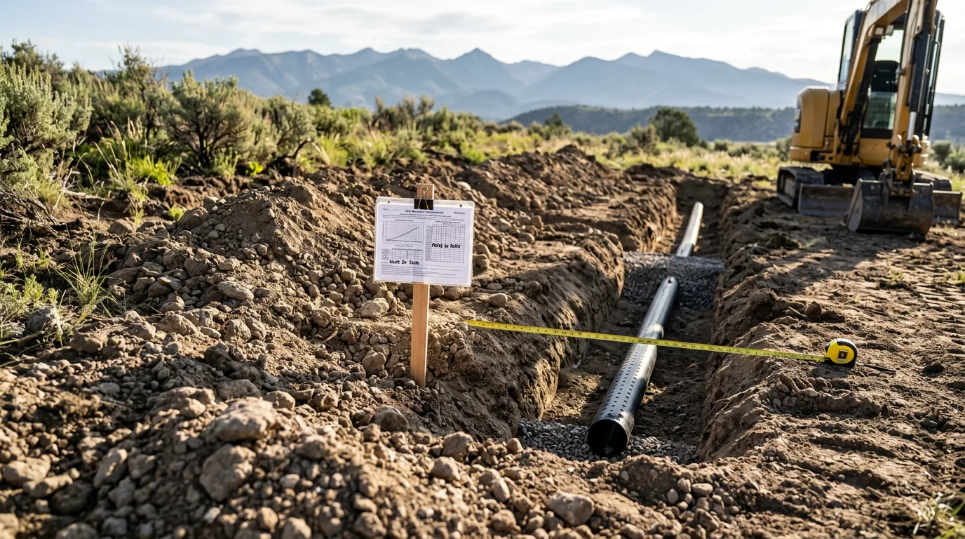 A freshly graded drain field trench with perforated pipe laid in gravel on a rural residential lot near Pagosa Springs, Colorado. Excavated soil is staged to the side with pine-covered hillside terrain visible in the background.