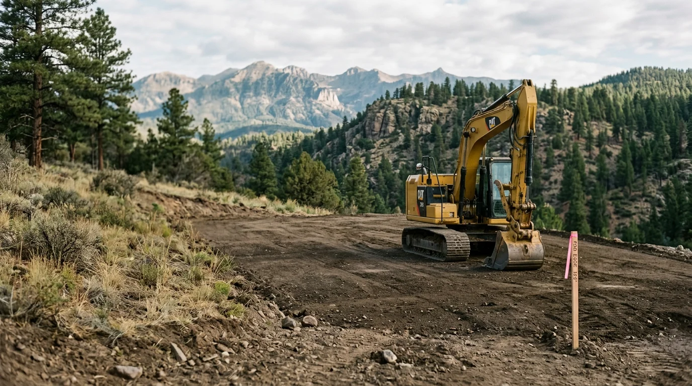 An excavator shaping a sloped lot near Pagosa Springs, Colorado, with graded earth forming a level building pad against a mountain backdrop. Rocky soil and pine trees frame the active grading work on the cleared site.