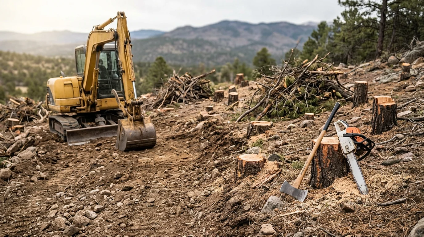 A cleared residential lot in Pagosa Springs, Colorado with trees and brush removed, revealing rocky mountain terrain ready for construction. The San Juan Mountain foothills are visible in the background.