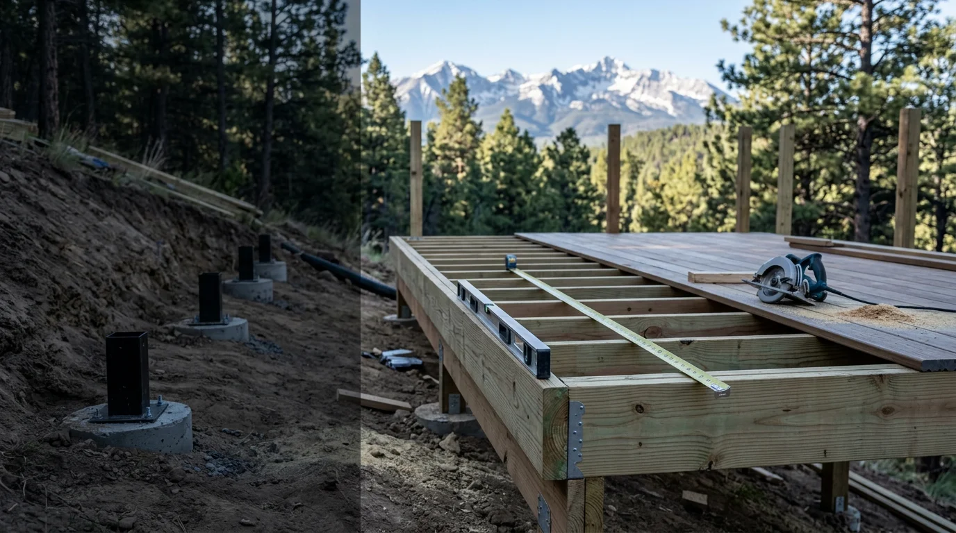 A custom outdoor deck design plan laid out for a high-elevation residential property in Pagosa Springs, Colorado, showing a multi-zone layout suited to a sloped mountain lot with surrounding pine trees.