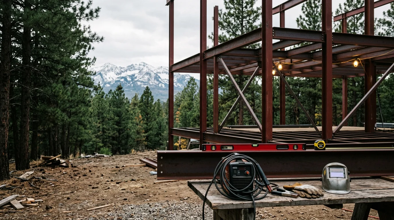 A finished residential steel outbuilding on a rural Pagosa Springs property with the San Juan Mountains visible in the background. The structure features a metal roof and enclosed walls suited for equipment storage or workshop use.