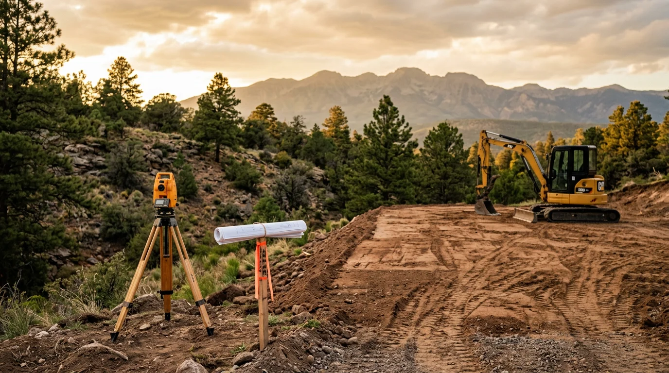 A graded and leveled building site on a sloped lot in the Pagosa Springs area, with cleared ground and established equipment access ready for construction. Rocky mountain terrain and pine trees are visible in the background.